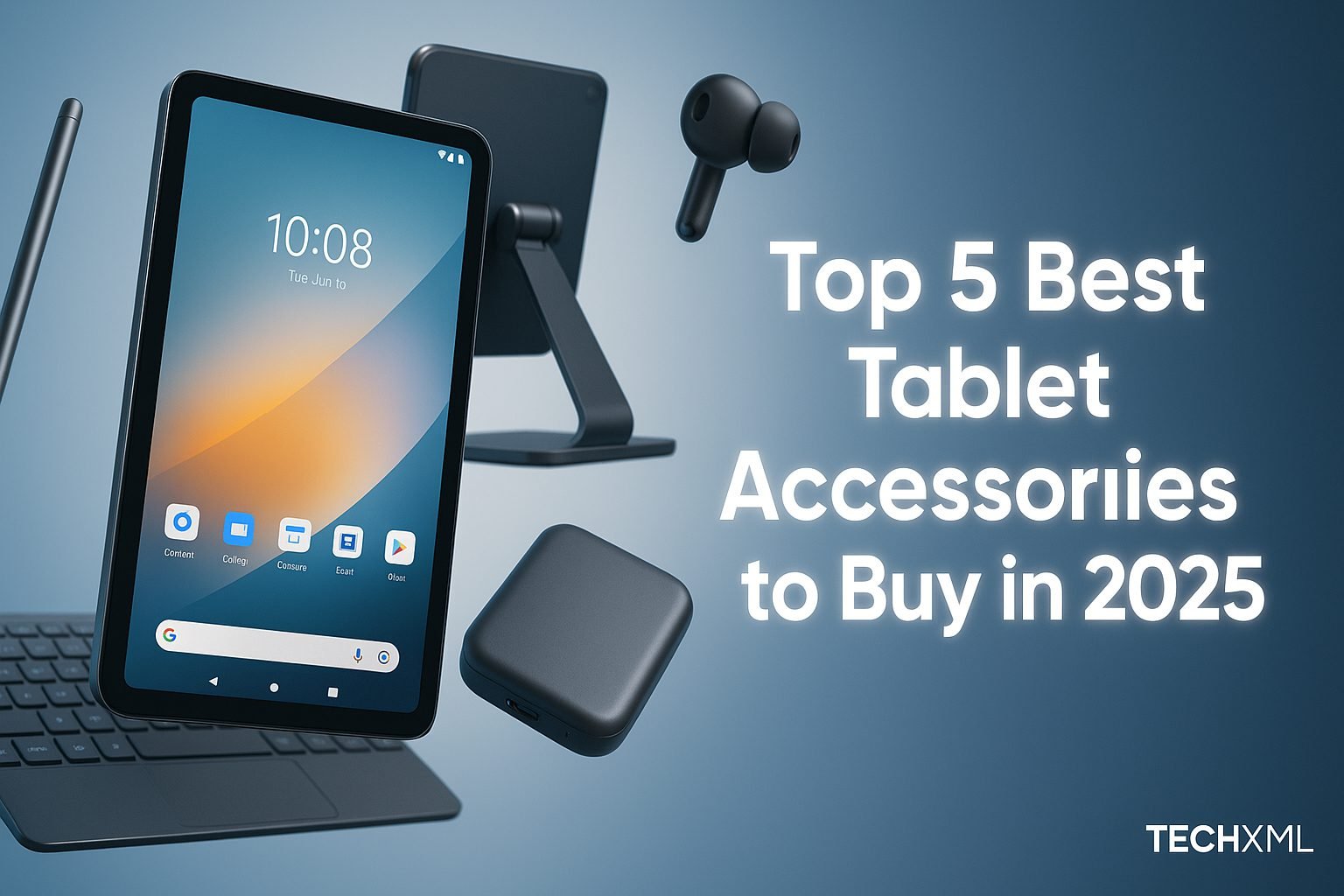 Top 5 Best Tablet Accessories to Buy in 2025 setup with tablet, stylus, keyboard, and stand
