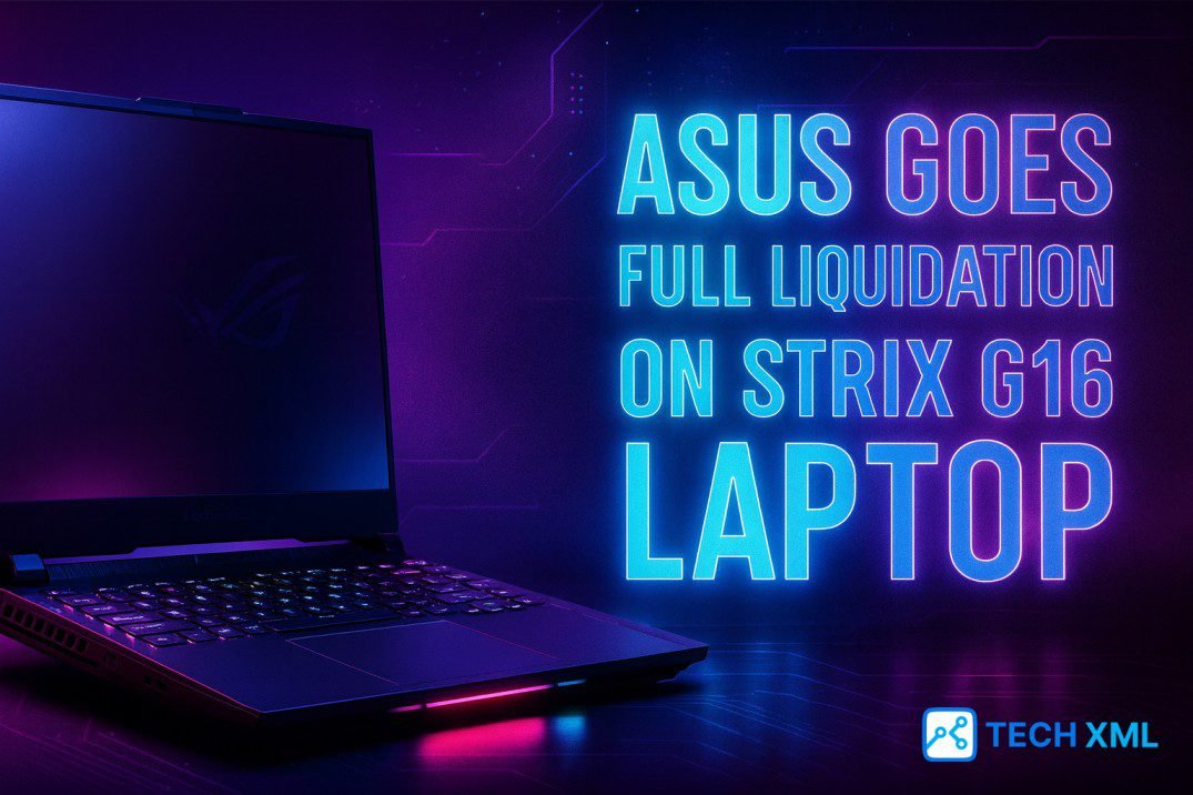 Asus Strix G16 liquidation banner showing discounted gaming laptop with bold sale text and clear focus on performance value.