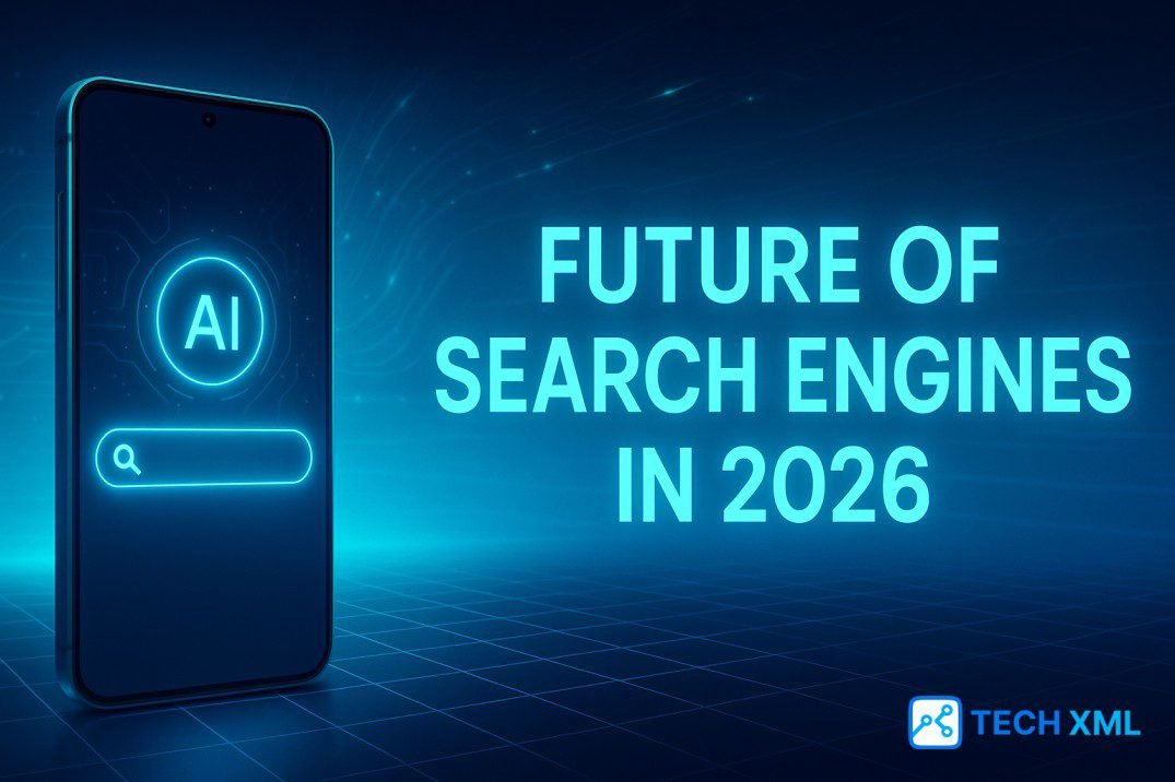 High clarity banner visual showing evolving AI powered search systems with bright futuristic graphics for 2026 technology insights.