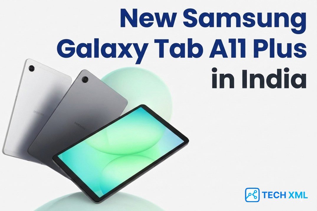 Modern Samsung Galaxy Tab A11 Plus displayed on a clean desk that highlights the tablet size and clear screen for study and entertainment use.