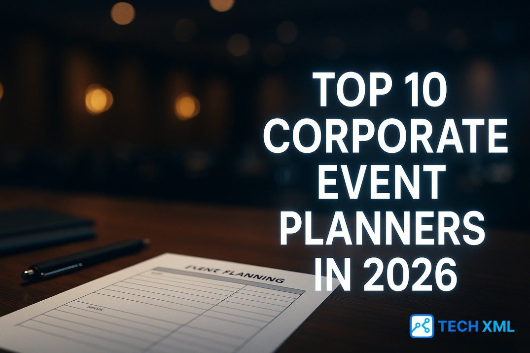 A cinematic corporate event planning scene with a glowing title for Top 10 Corporate Event Planners in 2026.