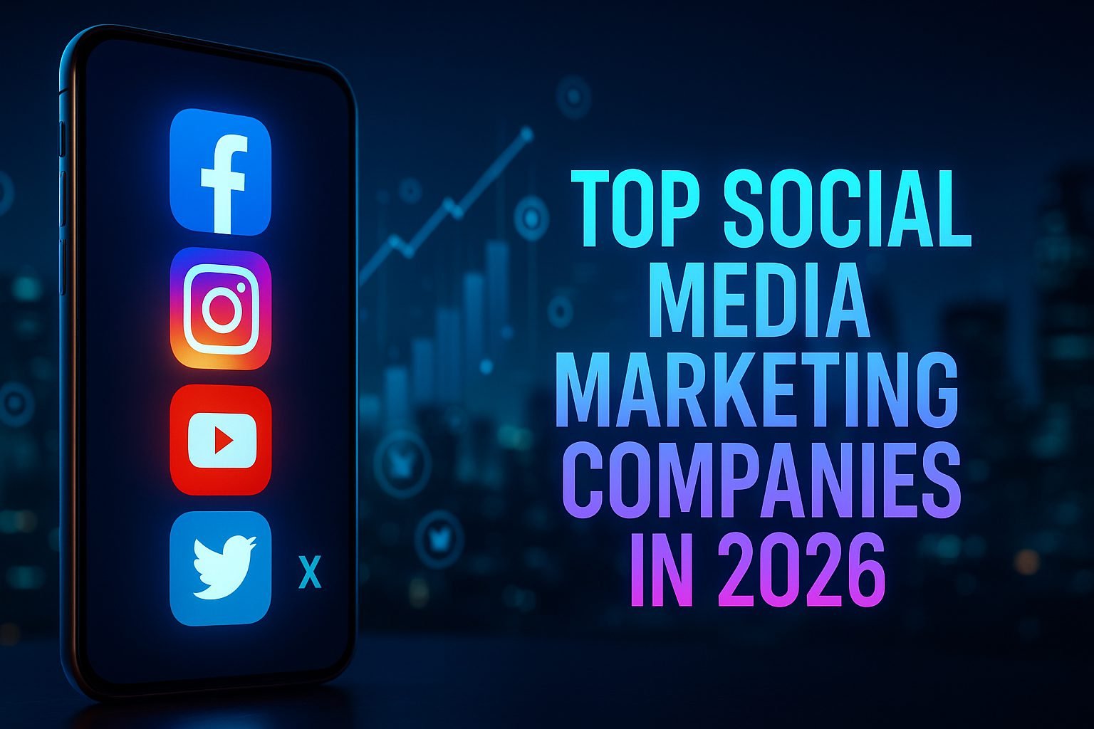 Top 5 Social Media Marketing Companies in 2026 banner showing AI analytics, influencer marketing, and digital branding visuals