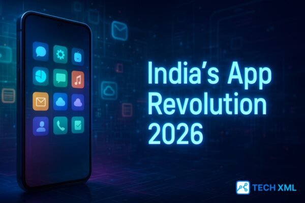 A modern tech themed banner showing India’s rising digital apps in 2026 with a clean layout that highlights innovation.