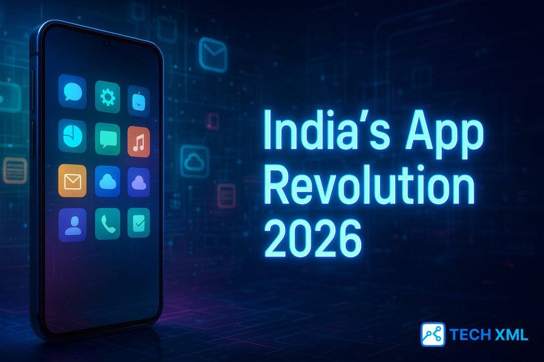 A modern tech themed banner showing India’s rising digital apps in 2026 with a clean layout that highlights innovation.
