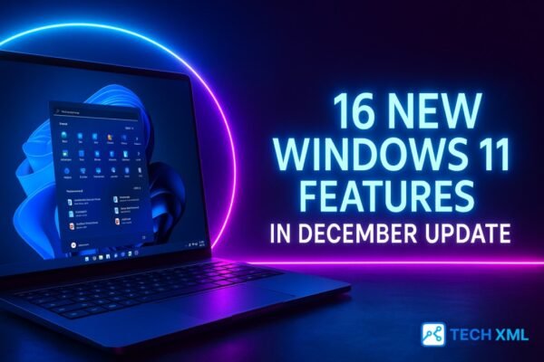 Banner of a modern laptop showing Windows 11 desktop and key interface updates from the December release.