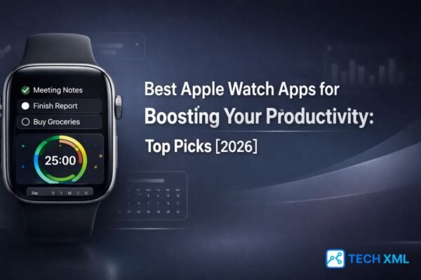 Best Apple Watch apps 2026 shown on Apple Watch helping users manage tasks, focus time, and daily work