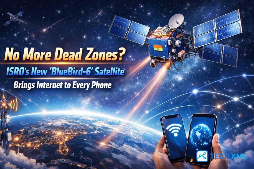 BlueBird-6 satellite internet concept showing smartphone connected directly to space based internet without mobile towers