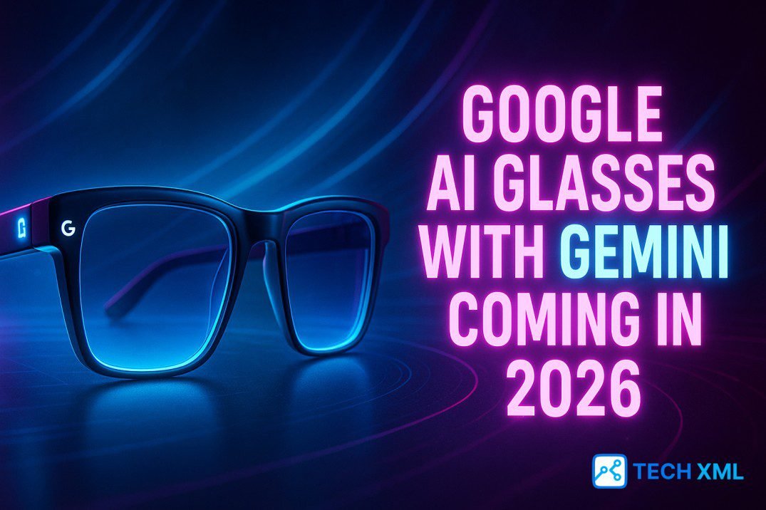 Gemini powered Google AI glasses shown as sleek wearable with voice controls, camera vision, and smart assistant for handsfree daily use.