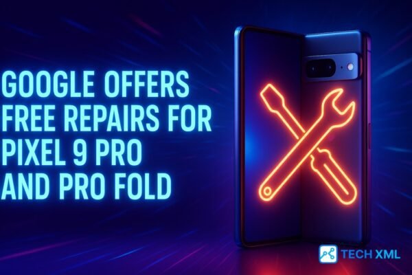 Pixel 9 Pro and Pro Fold showcased with repair tools and Google support badge indicating free repairs and replacements.
