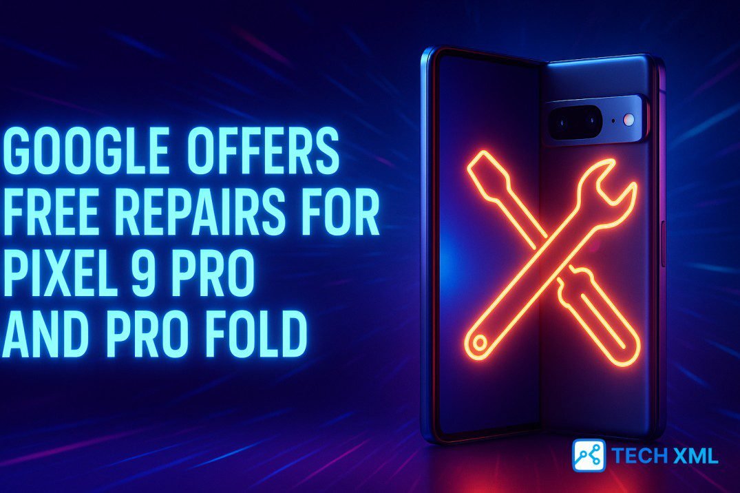 Pixel 9 Pro and Pro Fold showcased with repair tools and Google support badge indicating free repairs and replacements.