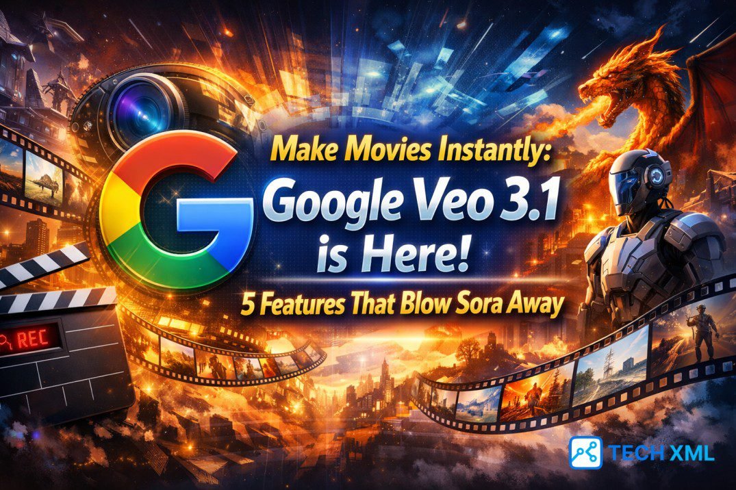 Google Veo 3.1 AI video generation interface showing cinematic scene creation from text prompts in a modern filmmaking workflow