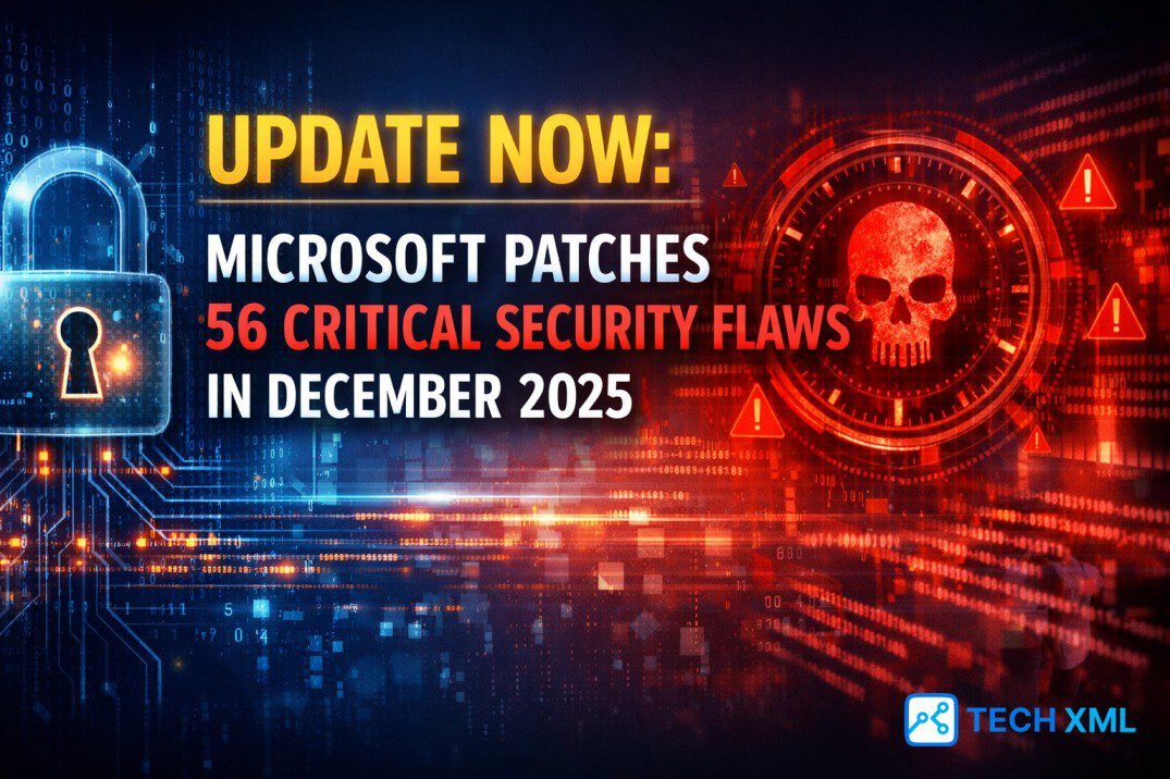 Microsoft security update December 2025 visual showing Windows systems protected after patching 56 critical vulnerabilities
