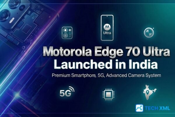 Cinematic banner showing Motorola Edge 70 Ultra with neon lights, smartphone view, and tech icons created for the India launch blog.