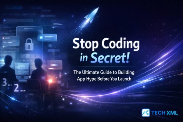 Illustration showing app launch hype strategy with early users, anticipation signals, and mobile app preview before launch