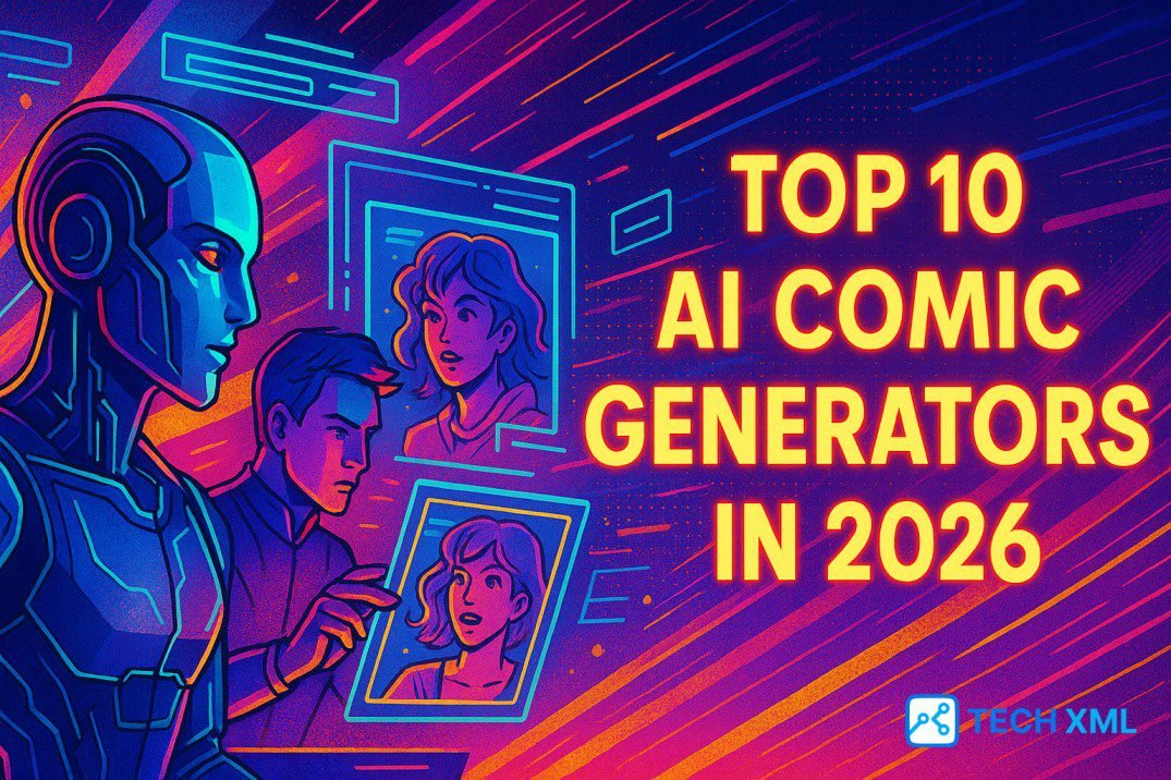 Bright comic style banner showing AI generated panels with bold title text suggesting fast digital comic creation for modern storytellers.