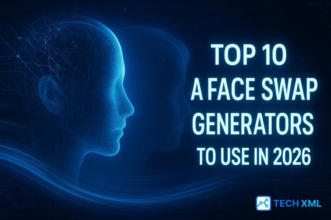 A clean face swap interface displayed on a smartphone with high quality AI generated before and after previews for creators.