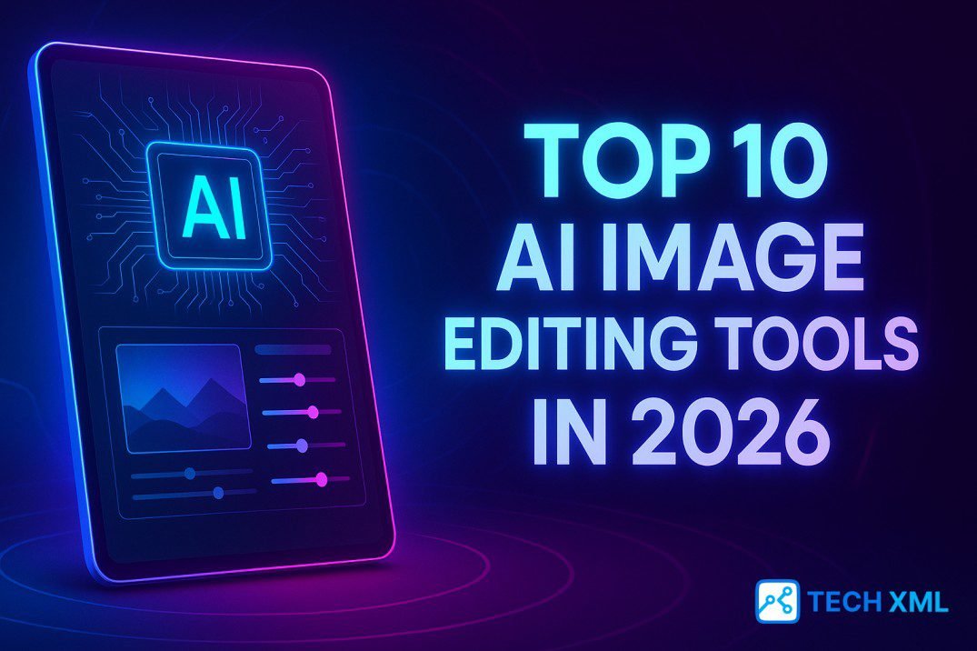 Futuristic AI photo editing dashboard with neon accents showing advanced retouching, cleanup tools, and creator workflows.