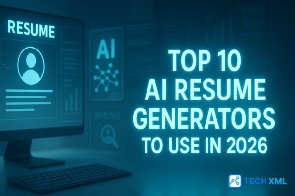 Top 10 AI Resume Generators to Use in 2026 shown on a desktop with ATS friendly templates, scores, and export options for job seekers.