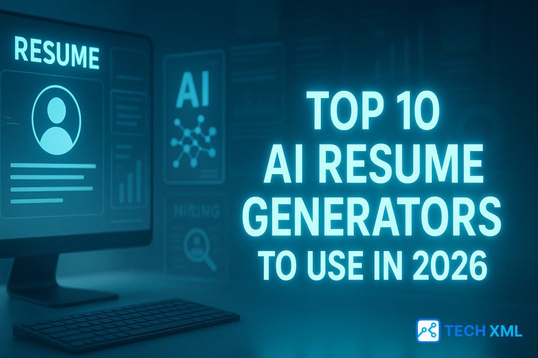 Top 10 AI Resume Generators to Use in 2026 shown on a desktop with ATS friendly templates, scores, and export options for job seekers.