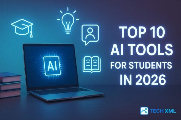 A modern student desk with AI study tools displayed on laptop and phone screens, showing practical learning apps used by students in 2026.