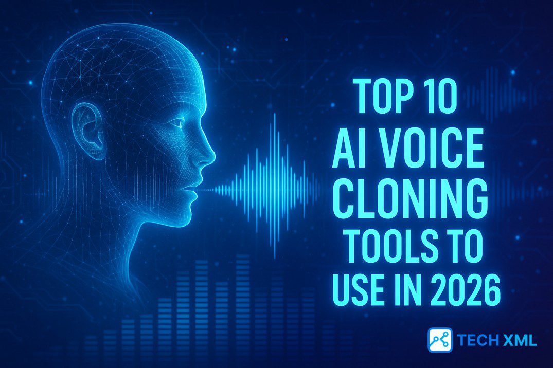 Banner showing studio microphone, waveform graphics, and AI interface elements representing leading AI voice cloning tools for creators in 2026.