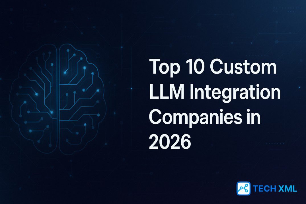 Top 10 Custom LLM Integration Companies in 2026 banner showing AI neural networks and enterprise level LLM integration theme