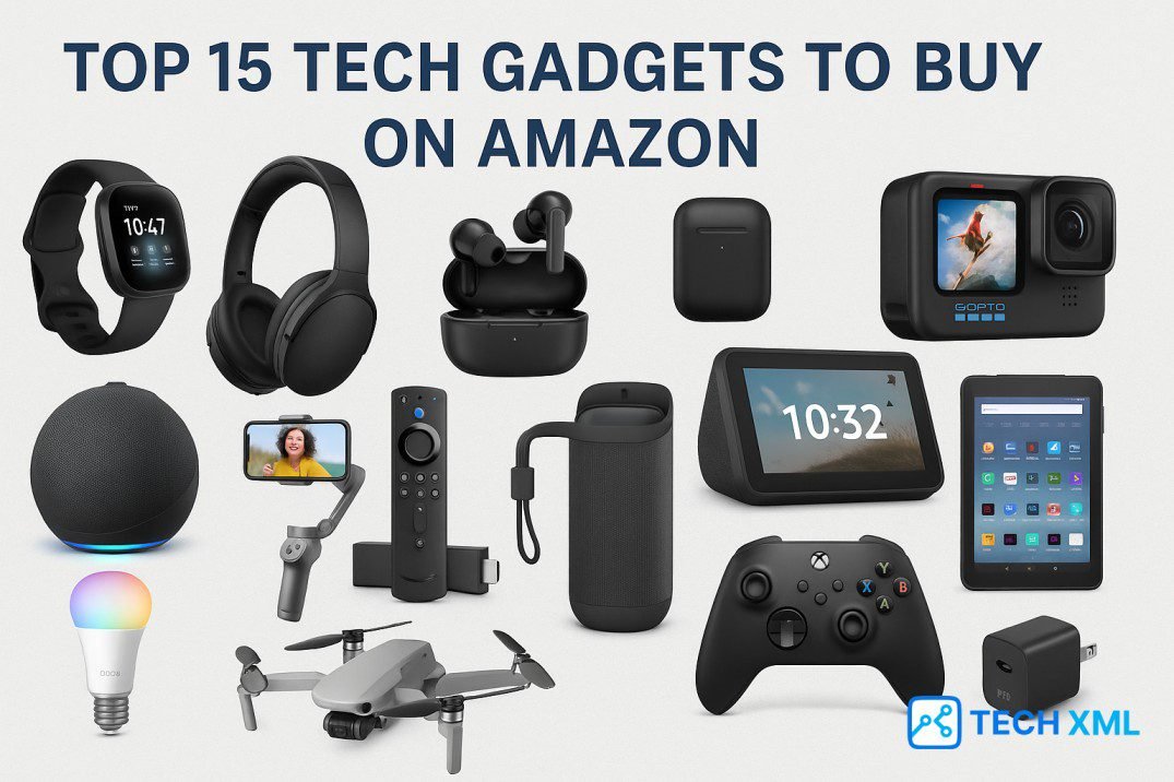 High clarity banner displaying the Top 15 Tech Gadgets to Buy on Amazon with smart devices, accessories, and modern digital tools.