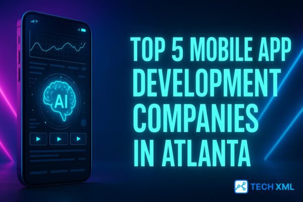 Phone and Atlanta skyline show app innovation, for Top 5 Mobile App Development Companies in Atlanta decision guide