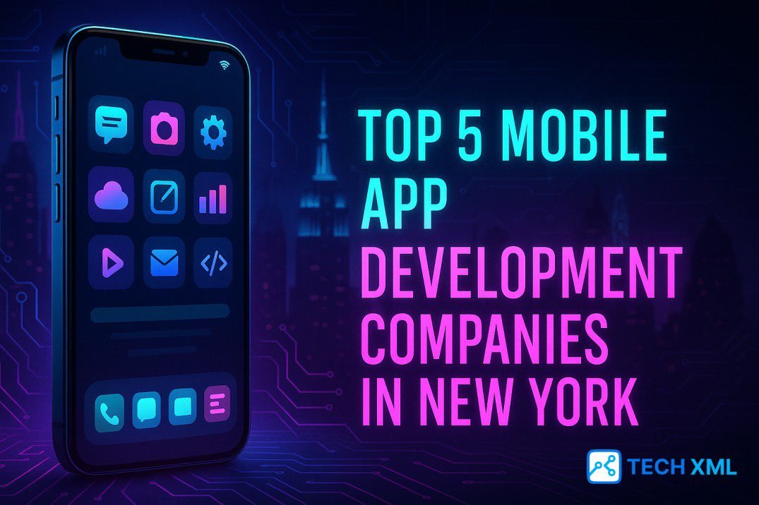Skyline and smartphone mockup showing app UI, highlighting top mobile app development companies in New York.