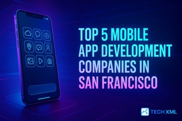 Banner showing top mobile app development companies in San Francisco with a modern smartphone and skyline that guide readers toward trusted insights.