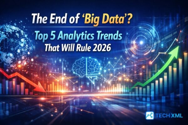 Data analytics trends 2026 visual showing modern analytics dashboards replacing big data overload with clarity and speed focused insights.