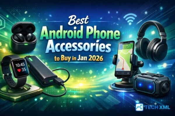 Best Android Phone Accessories to Buy in Jan 2026 showing chargers, cases, earbuds, power banks, and mounts in real use