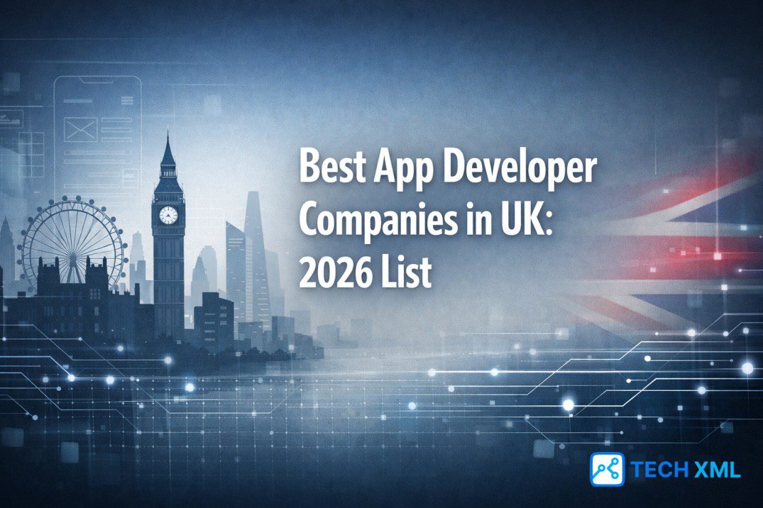 Best app developer companies in UK 2026 showing modern offices, developers at work, and mobile app planning visuals