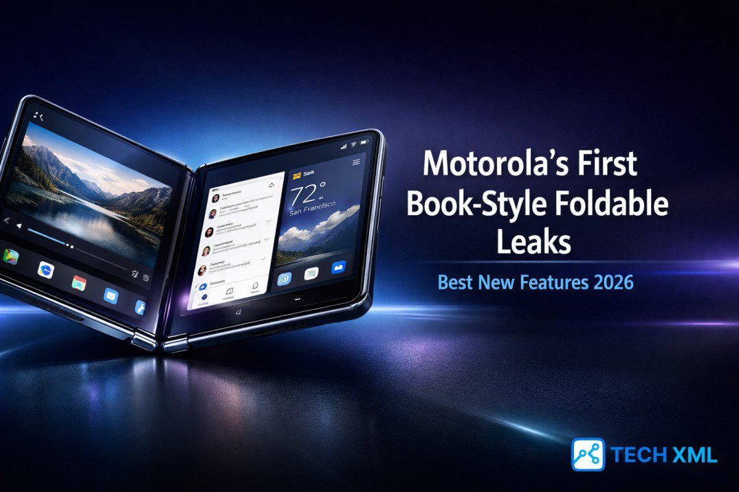 Motorola Book Style Foldable shown in leaked 2026 design with large inner display and refined hinge concept details