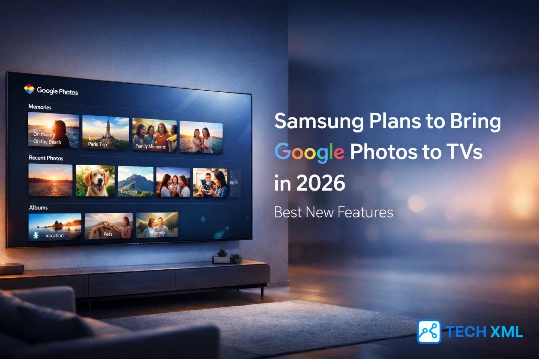 Google Photos on Samsung TVs showing family memories on a modern smart TV screen with clean interface and 2026 software visuals