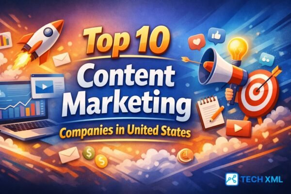 Editorial banner featuring the Top 10 Content Marketing Companies in United States with modern tech visuals and clarity.