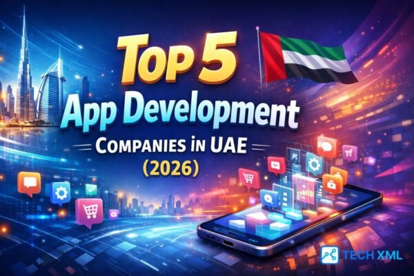 Top 5 app development companies in UAE showcasing professional mobile development teams and modern software workspaces in 2026.