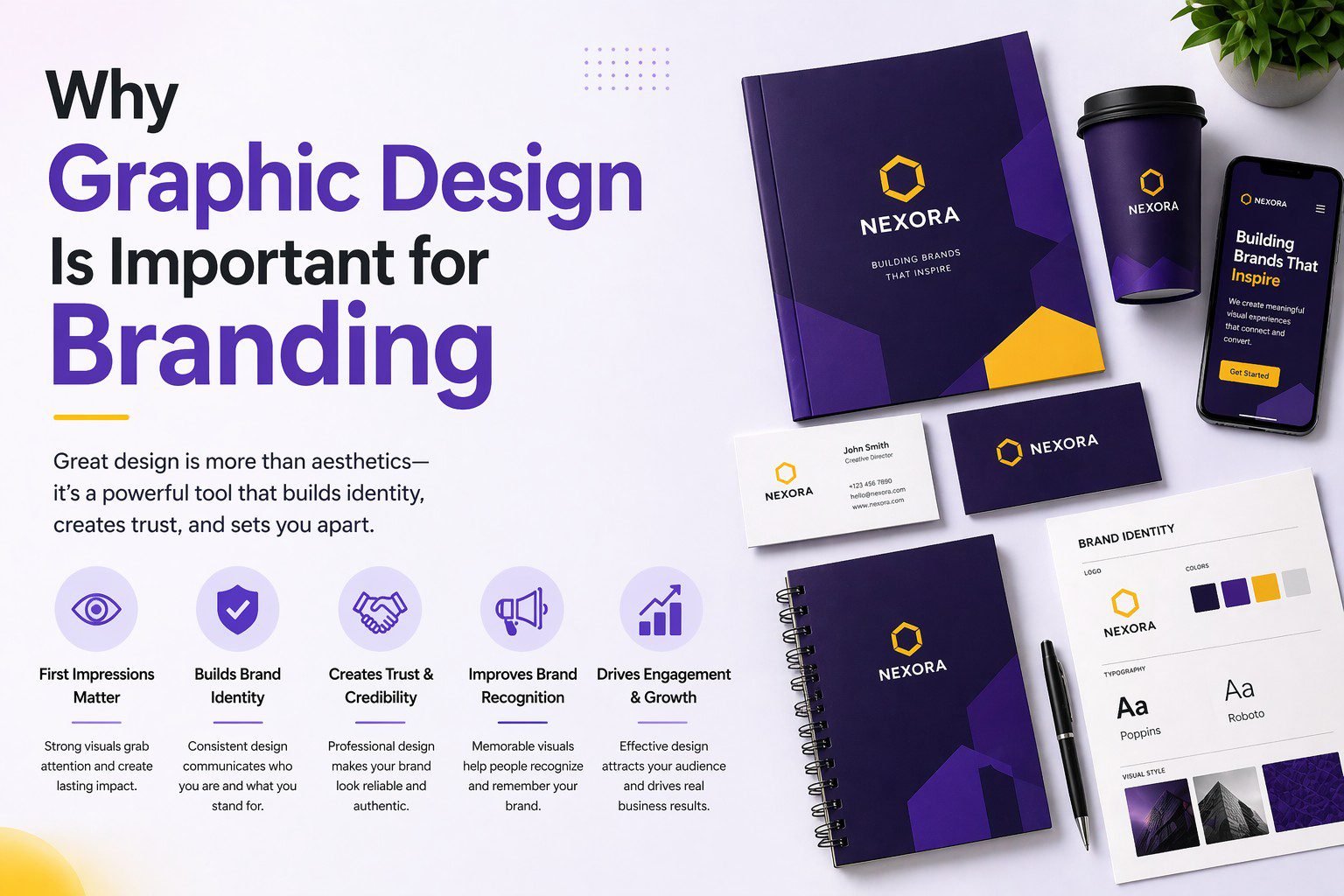 Graphic design for branding showing logo, color palette, and brand identity elements in modern digital environment