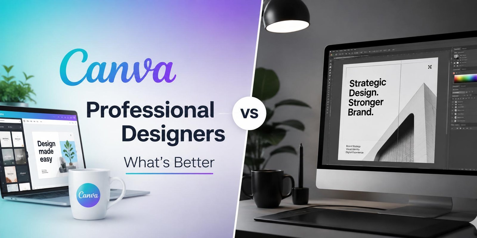 Canva vs professional designers comparison showing DIY design and professional graphic design workflows