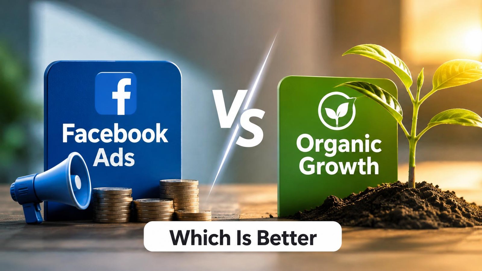 Facebook Ads vs Organic Growth comparison showing paid advertising and organic marketing strategies