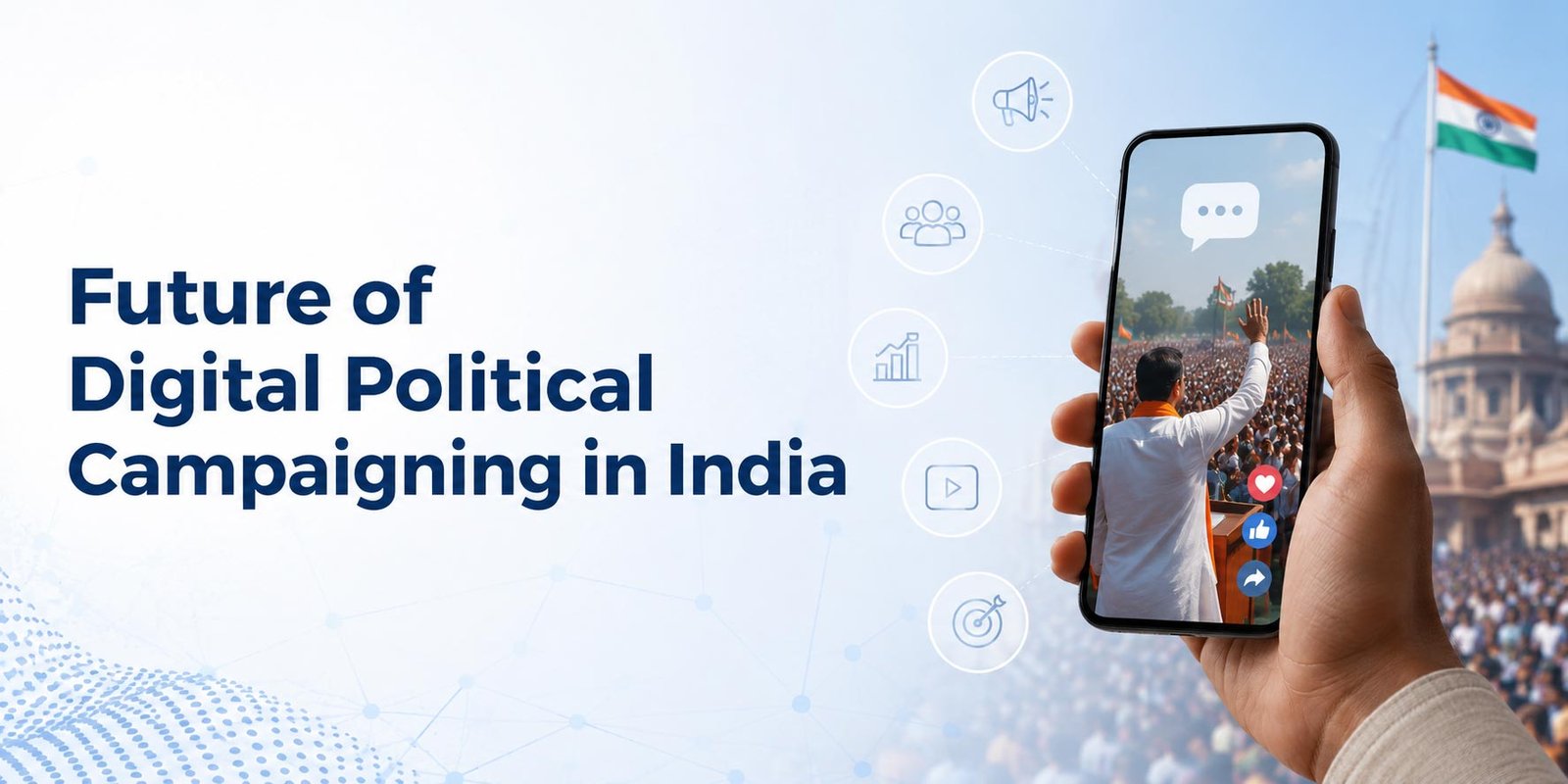 Future of digital political campaigning in India with AI, social media, smartphone, and election campaign concept.