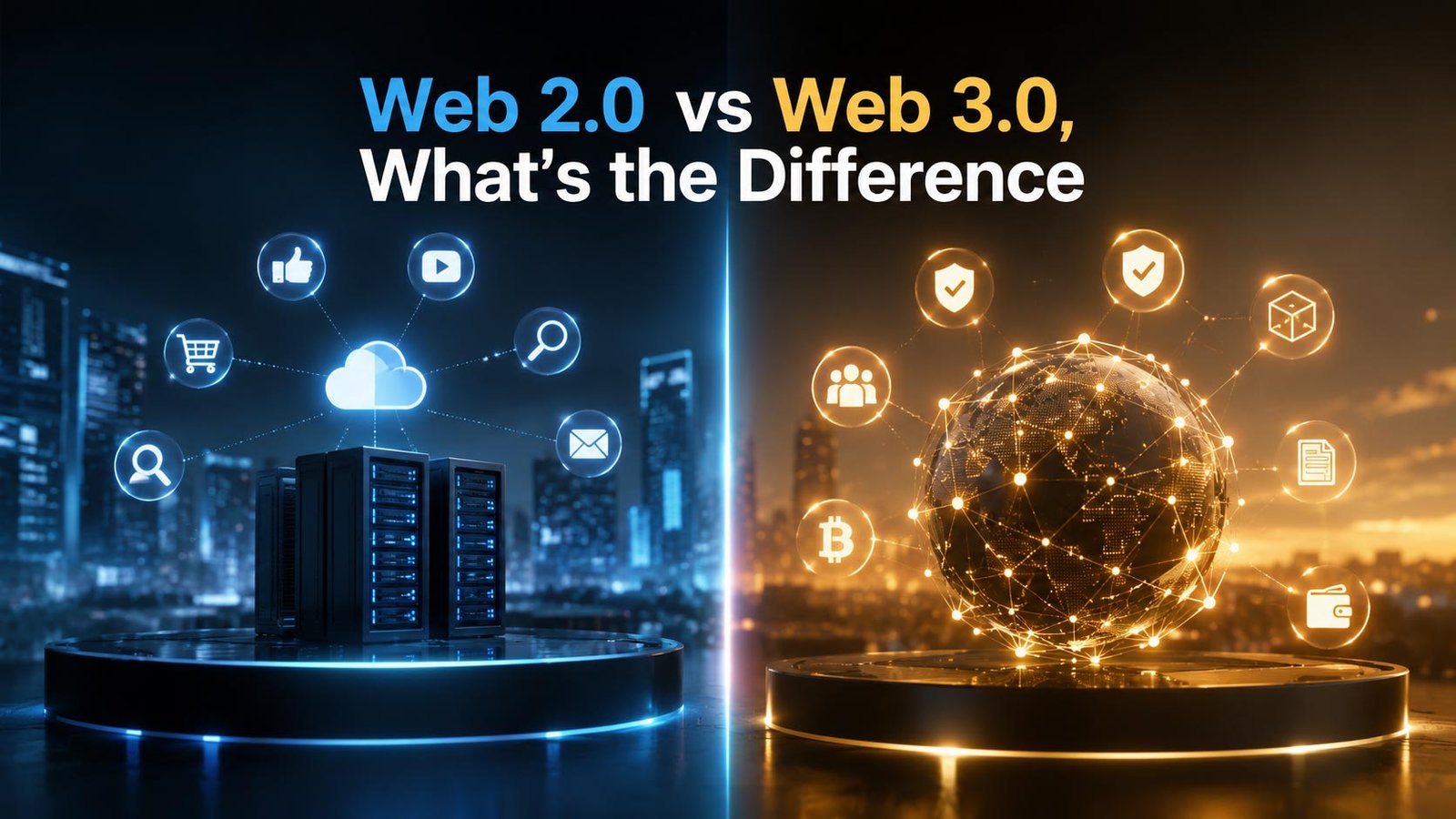 Web 2.0 vs Web 3.0 comparison showing centralized servers and decentralized blockchain networks