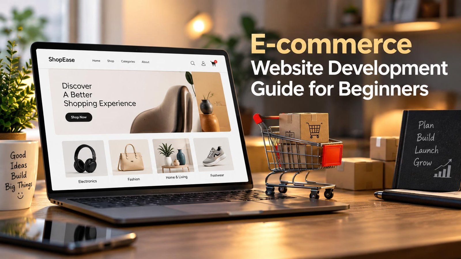 E-commerce website development guide for beginners showing an online store on a laptop
