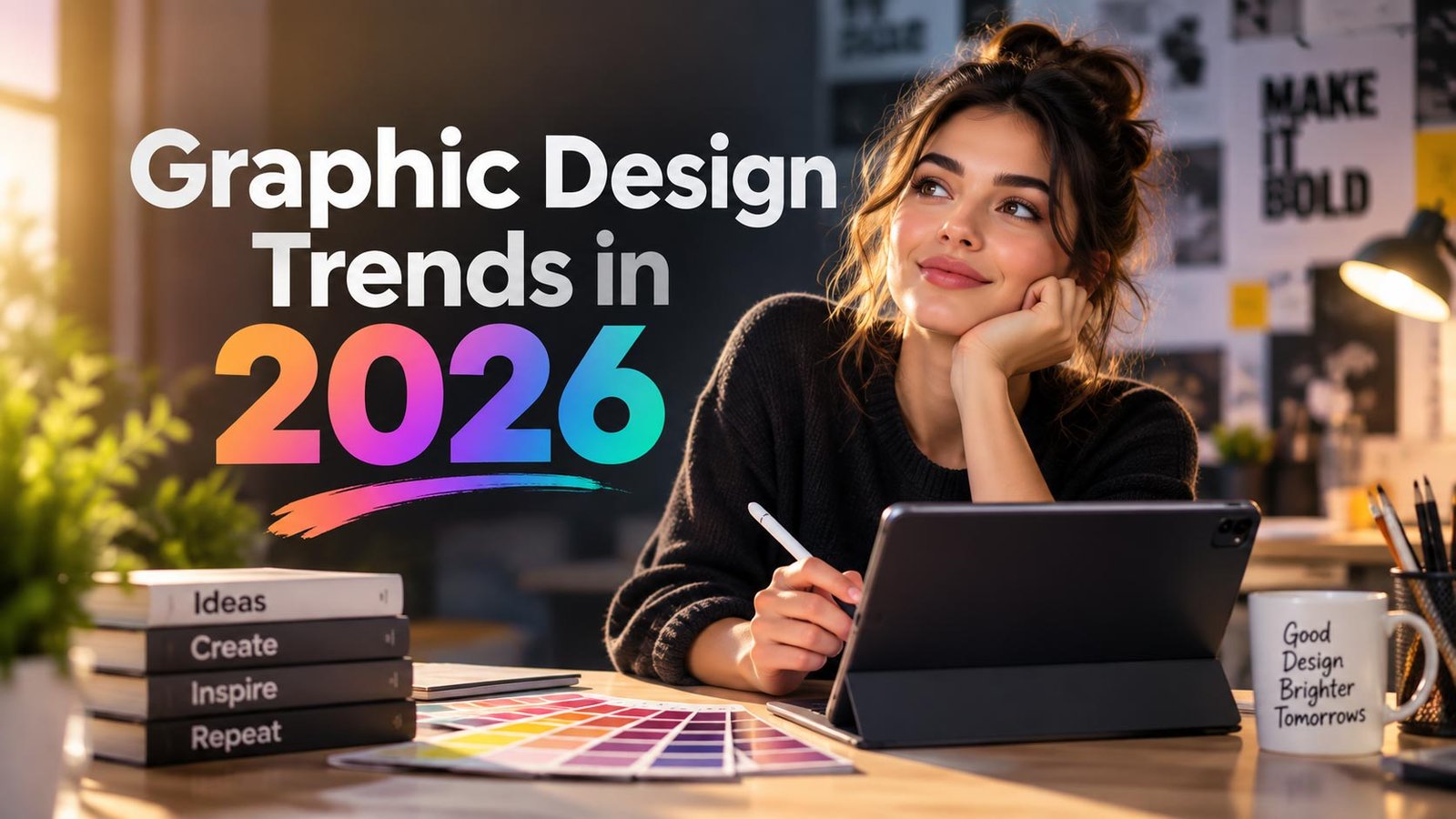 Graphic Design Trends in 2026 featuring a creative designer working in a colorful modern design studio