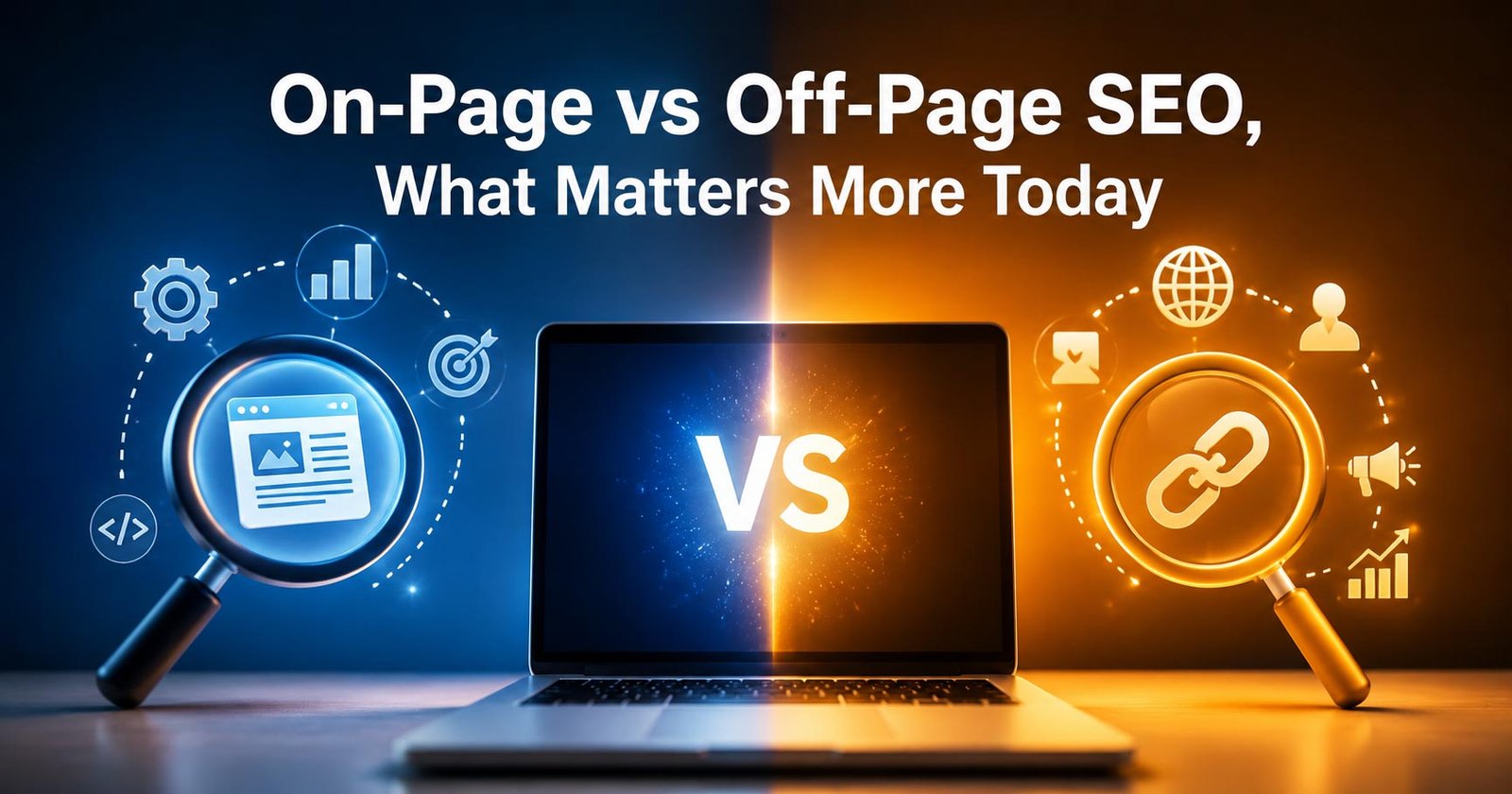 On-Page vs Off-Page SEO comparison showing website optimization and backlinks