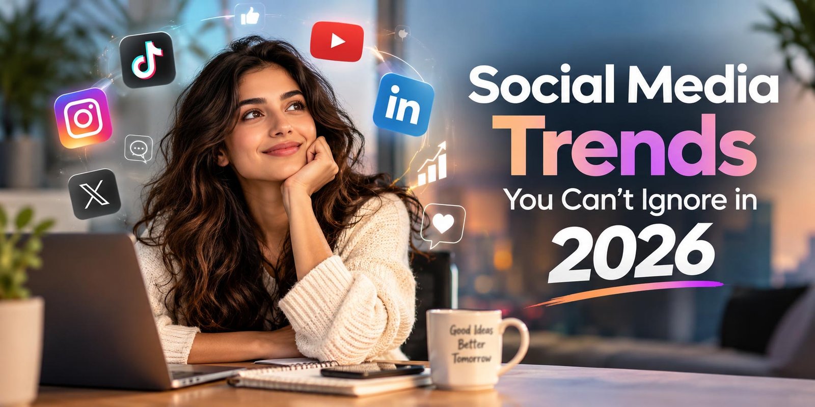 Social Media Trends 2026 showing modern platforms, digital engagement icons and emerging social media marketing trends