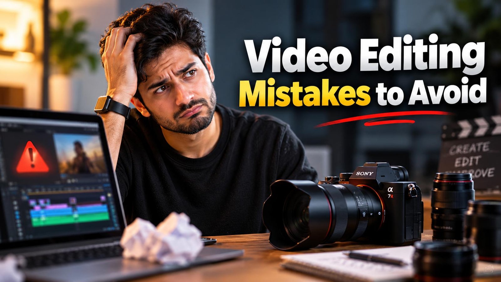 Video editing mistakes to avoid with frustrated video editor working on a laptop